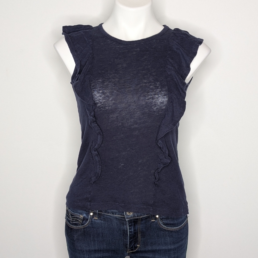 J Crew Blue Ruffle Sheer Linen Tank Top XXS